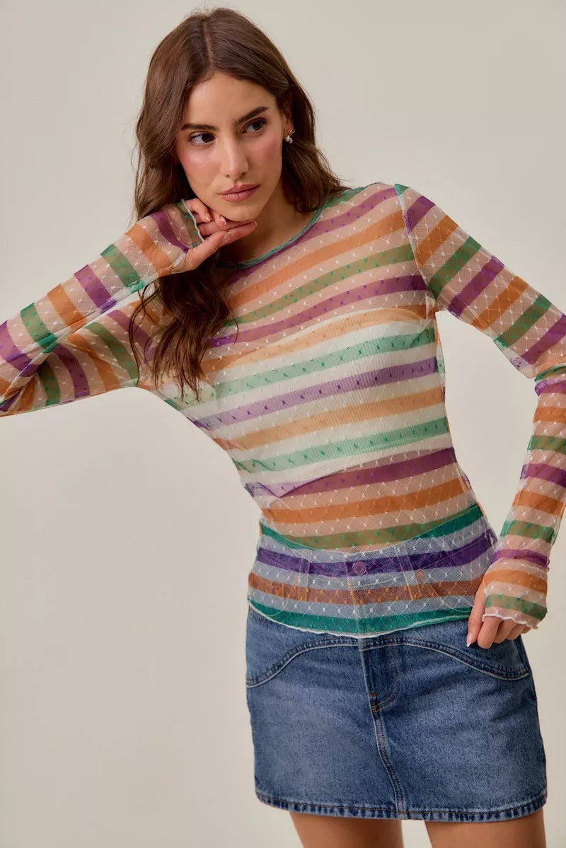 SO ME Mardi Gras Color Stripe Stretch Mesh Top in pastel and vibrant hues