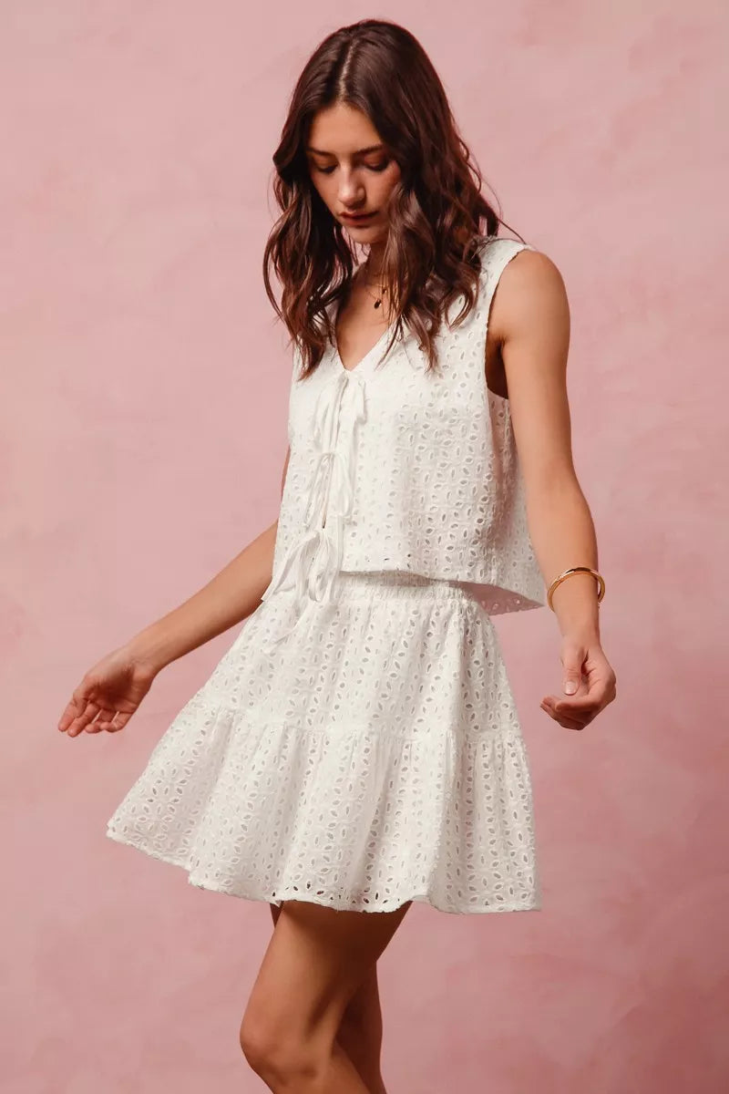 White eyelet lace SO ME floral vest top and tiered mini skirt set
