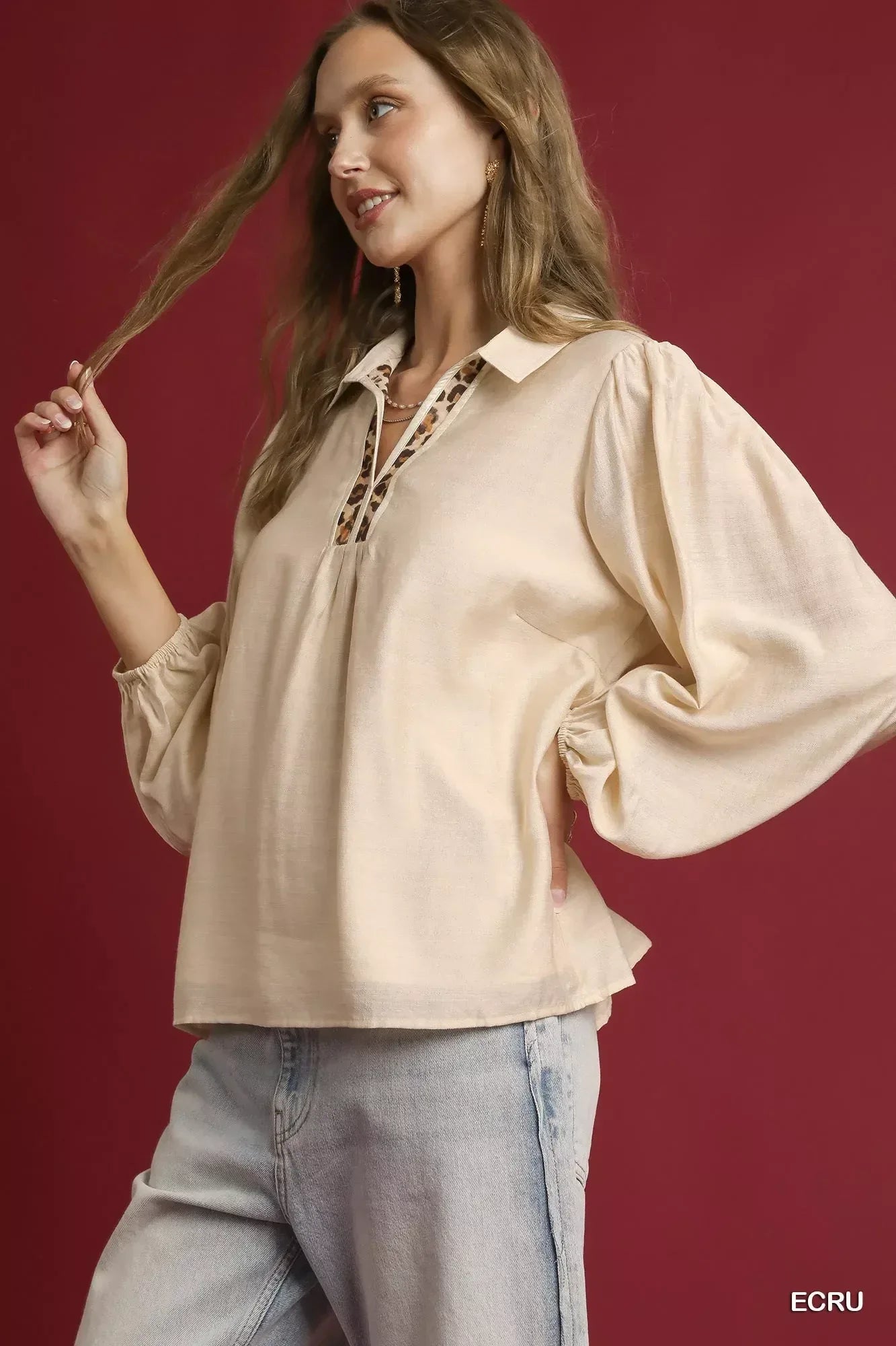 Umgee Long Sleeve Blouse with Leopard Print Trim - DAVERRI FASHIONS