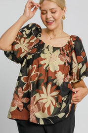 Umgee Full Size Print Round Neck Puff Sleeve Top Plus Size Tops