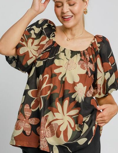 Umgee Full Size Print Round Neck Puff Sleeve Top Plus Size Tops