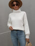 Daverri high neck balloon sleeve rib-knit pullover sweater in white