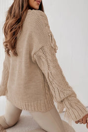 Cable Knit Fringe Round Neck Long Sleeve Sweater | Daverri Fashions