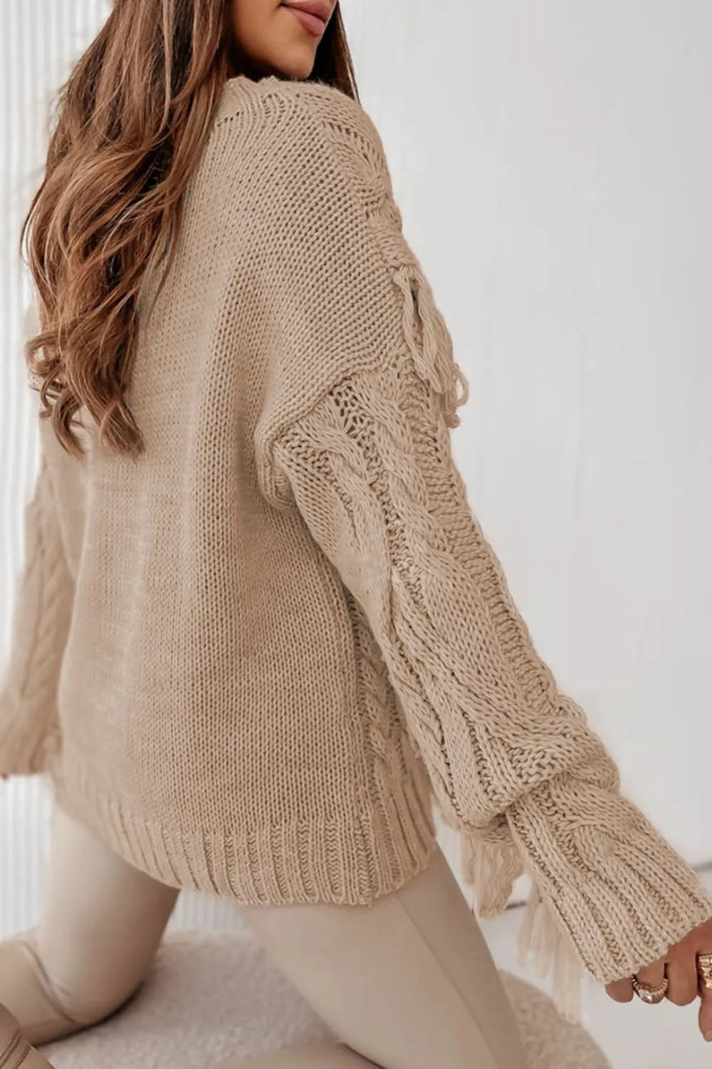 Cable Knit Fringe Round Neck Long Sleeve Sweater | Daverri Fashions
