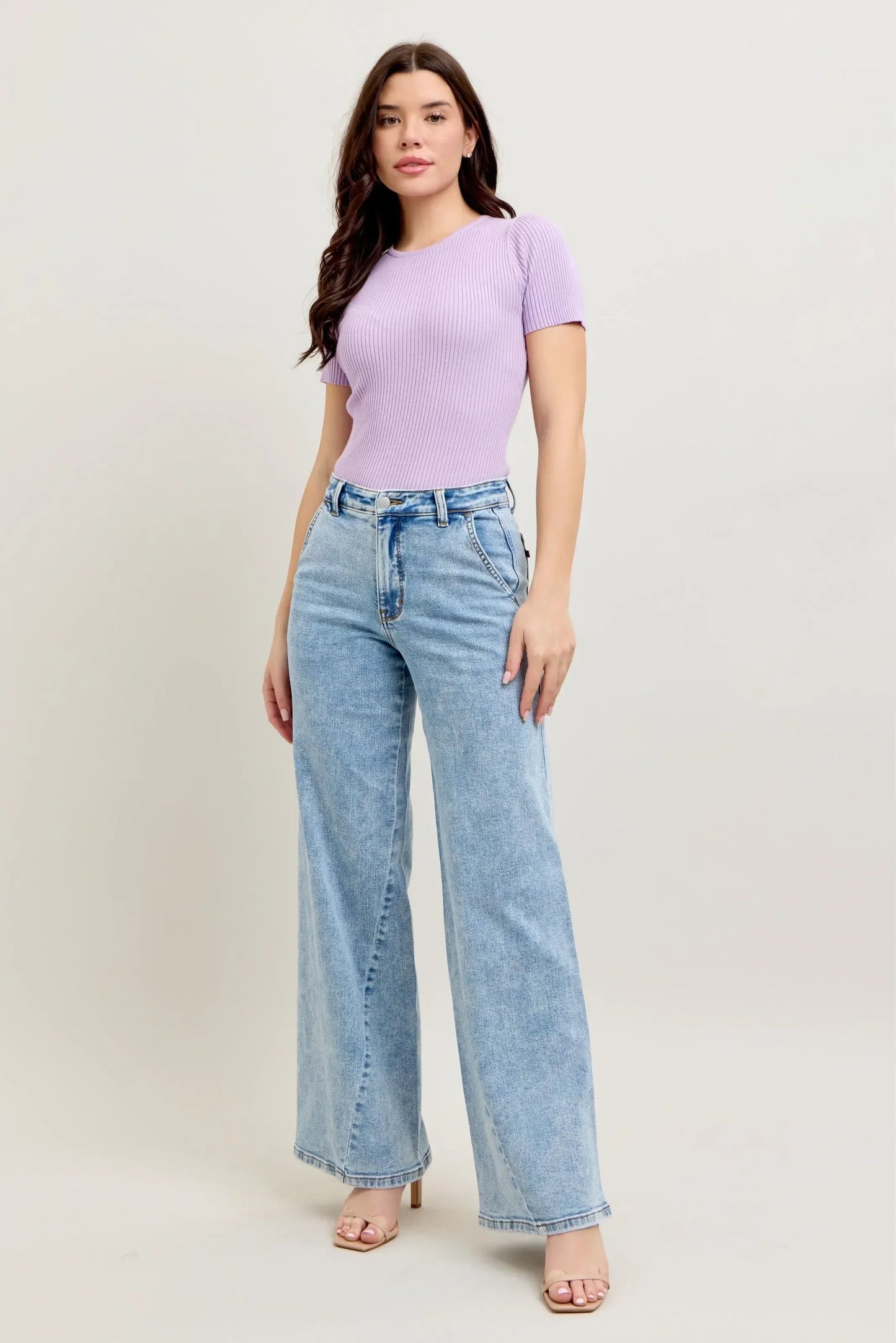 Judy Blue Full Size High Waist Wide Leg Jeans with Skewed Inseam Plus Size - DAVERRI FASHIONS