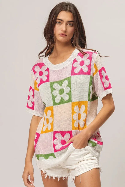 BiBi Flower Checker Pattern Lightweight Sweater Top - DAVERRI FASHIONS