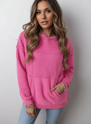 Pink Sherpa patchwork long sleeve hoodie with textured pockets and hood