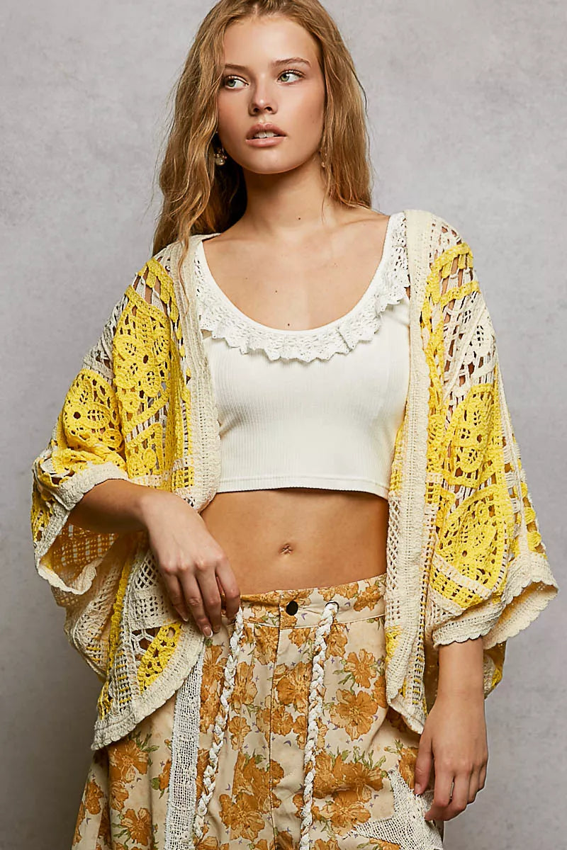 Yellow and cream crochet open cardigan with lace and scalloped edge