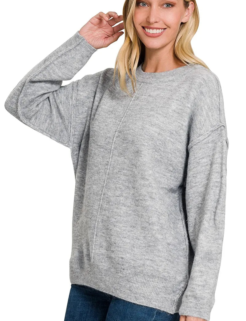 Zenana Melange Front Seam Round-Neck Sweater | Sweaters Daverri Fashions