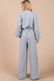 Ces Femme Boat Neck Long Sleeve Drawstring Jumpsuit