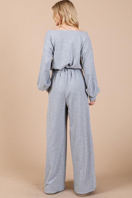 Ces Femme Boat Neck Long Sleeve Drawstring Jumpsuit Jumpsuits