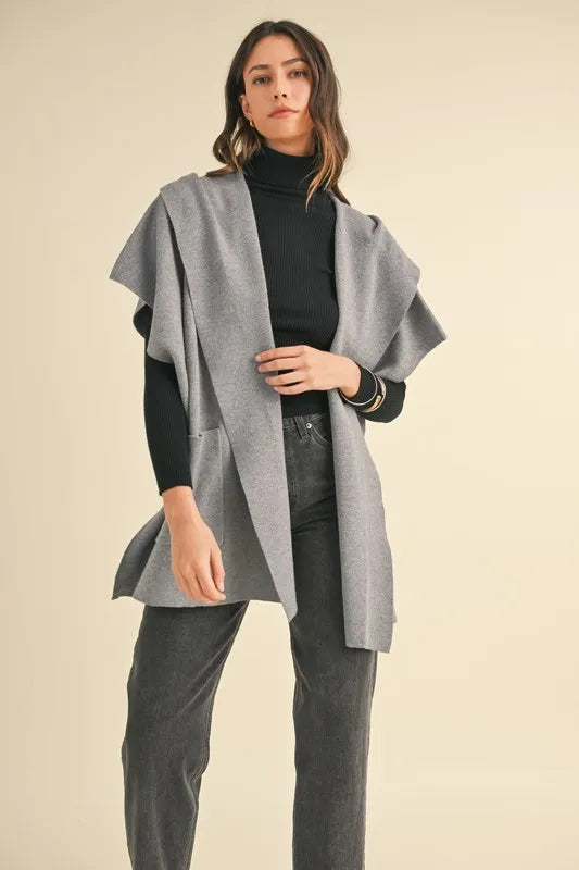 MABLE Knit Open Front Hooded Cardigan With Pocket H Grey Cardigans