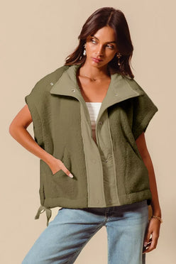 Olive green oversized soft sherpa fur sleeveless vest jacket