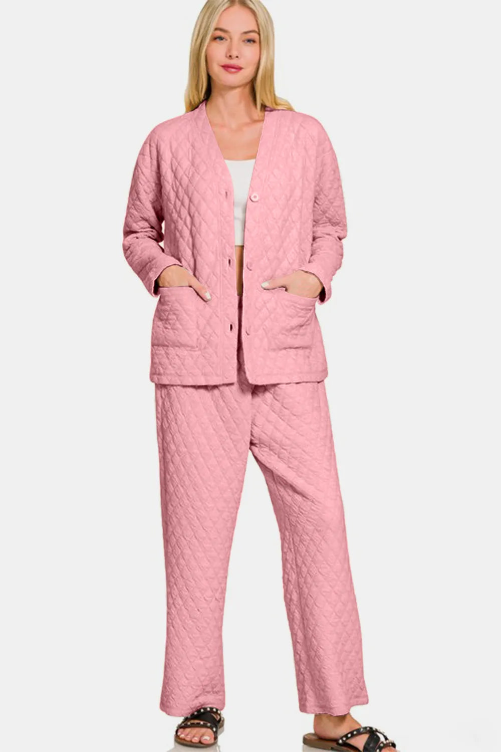 Quilted Button Up Long Sleeve Top and Pants Lounge Set Pink | Loungewear Sets Daverri Fashions