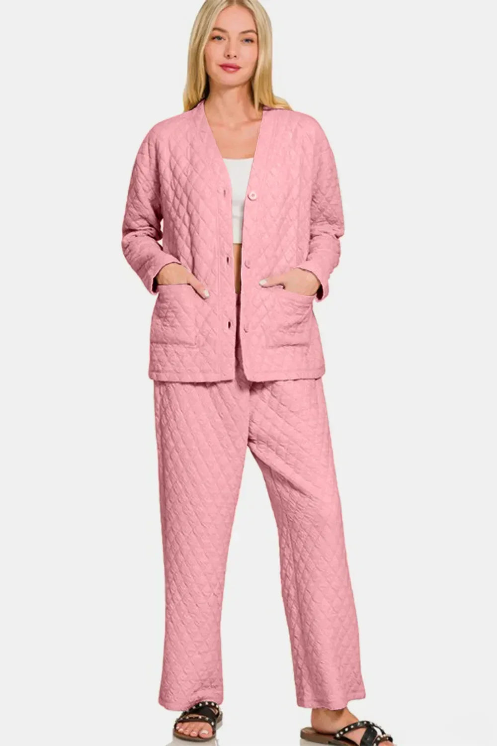Zenana Quilted Button Up Long Sleeve Top and Pants Lounge Set Pink - DAVERRI FASHIONS