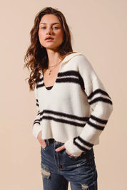 SO ME Fuzzy Hairy Stripe Deep U Neck Swetaer | Sweaters Daverri Fashions