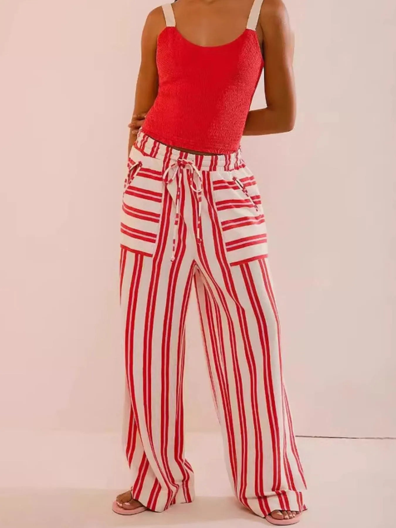 Daverri striped wide-leg drawstring pants in red and white