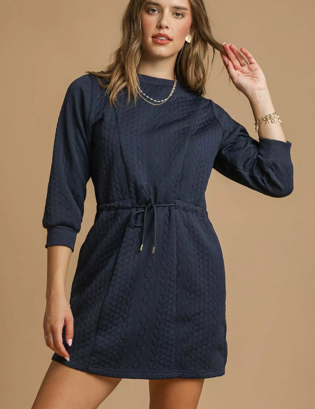MIDNIGHT Umgee Drawstring Cable Knit Mini Dress with Pockets | Mini Dresses Daverri Fashions