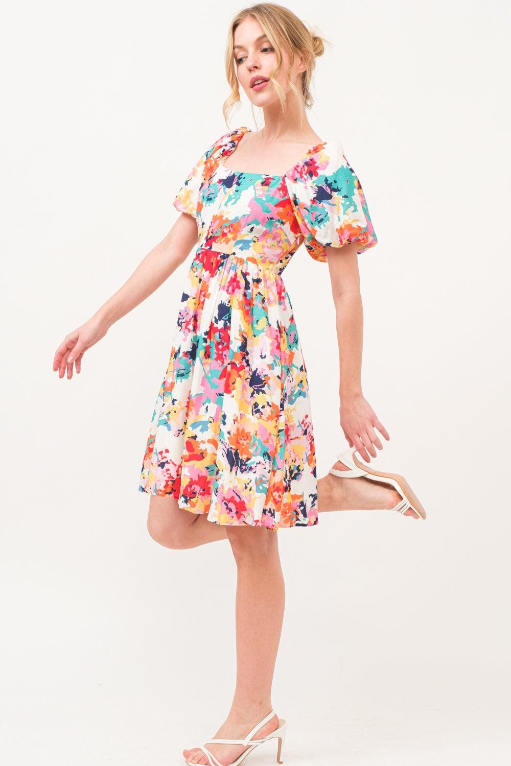 And The Why Square Neck Puff Sleeve Floral Dress Knee Length Dresses