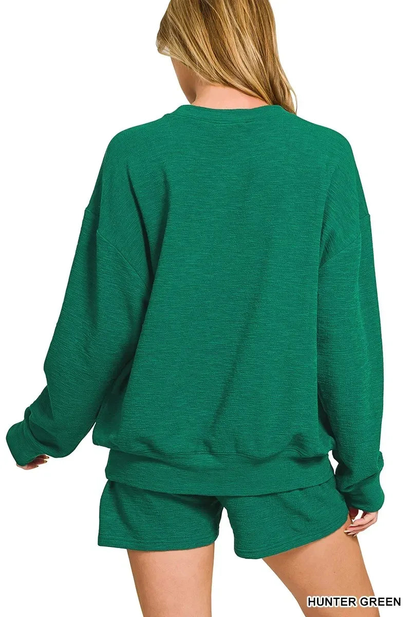 Zenana Slub Long Sleeve Top and Shorts Set - DAVERRI FASHIONS