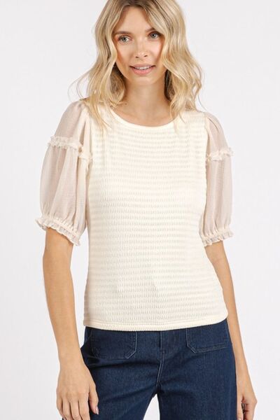 Mittoshop Frill Round Neck Half Sleeve Blouse Cream