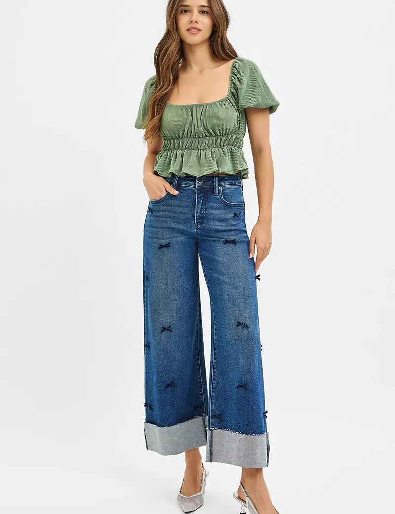 RISEN High Rise Crop Wide Leg Ribbon Detail Jeans | Jeans Daverri Fashions