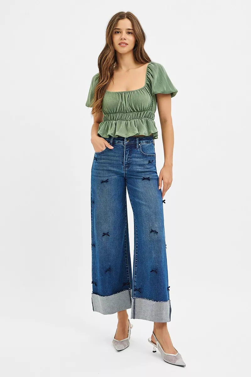RISEN High Rise Crop Wide Leg Ribbon Detail Jeans | Jeans Daverri Fashions