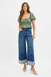 RISEN High Rise Crop Wide Leg Ribbon Detail Jeans | Jeans Daverri Fashions