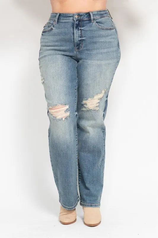 Judy Blue Full Size High Waist Distressed Dad Jean | Jeans Daverri Fashions