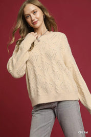 Cream Umgee Pearl-Embellished Long Sleeve Sweater | Sweaters Daverri Fashions