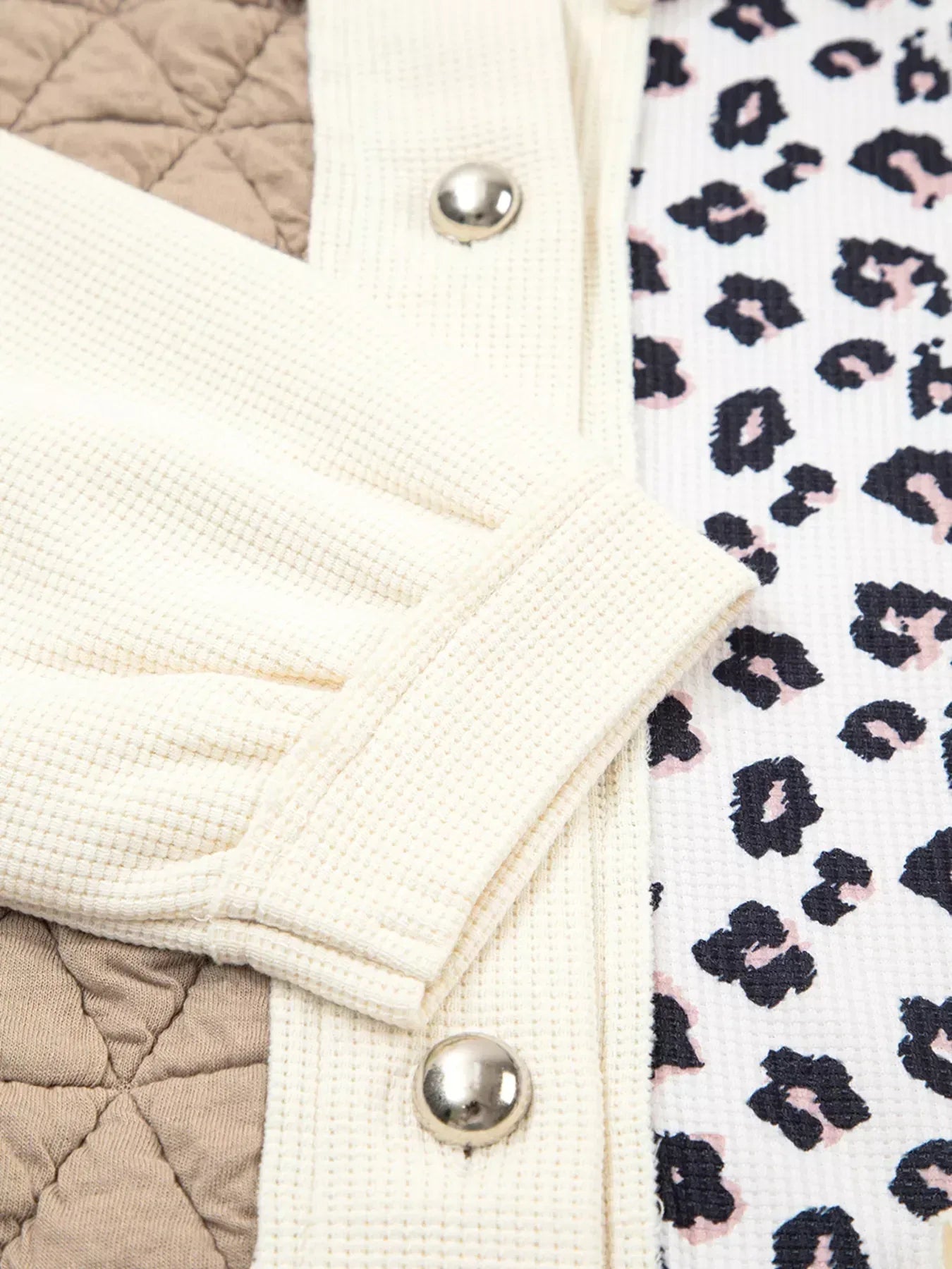 Leopard Waffle Quilted Patchwork Button Front Jacket - DAVERRI FASHIONS