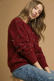 Umgee Pearl-Embellished Long Sleeve Sweater | Sweaters Daverri Fashions