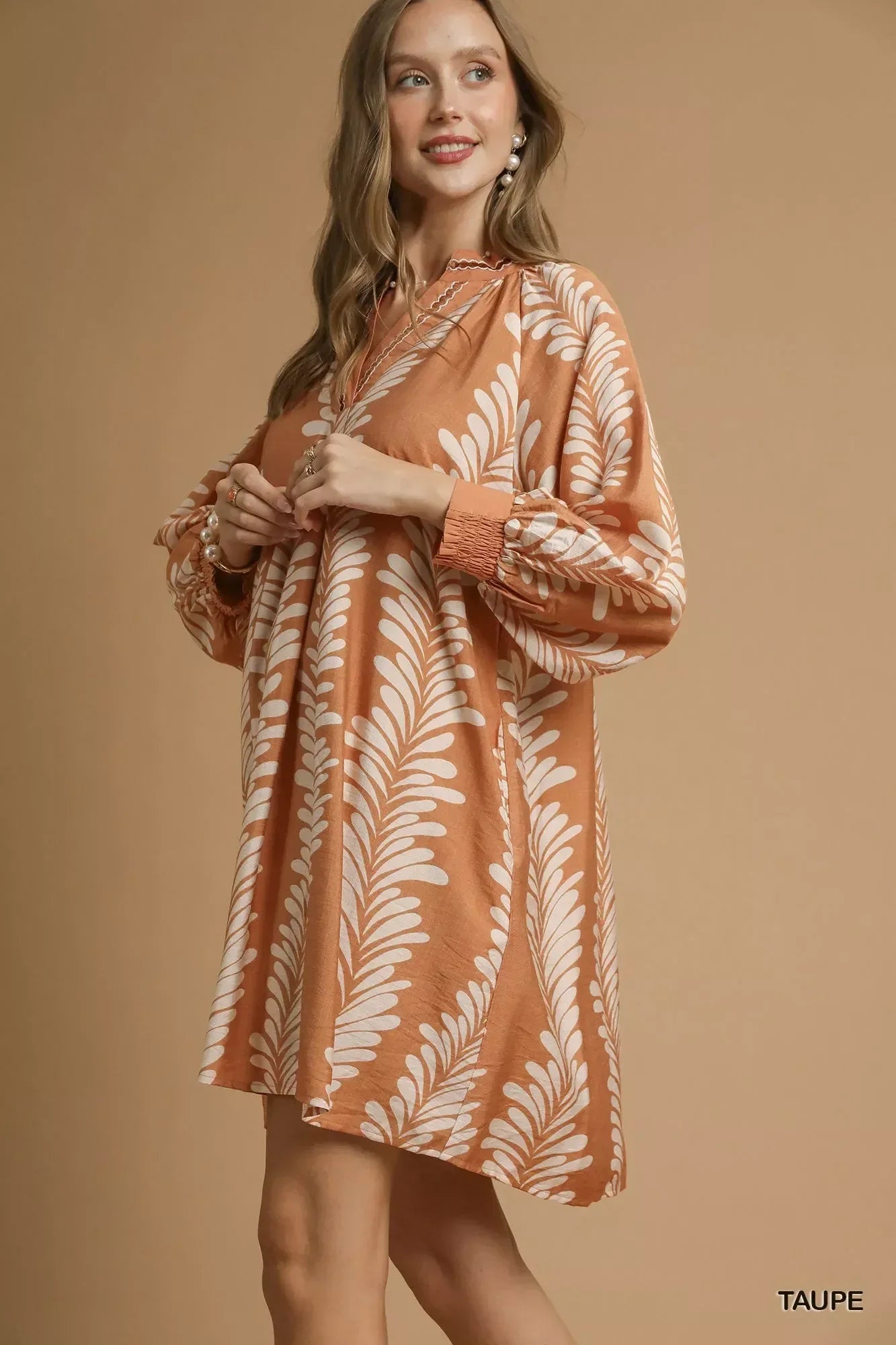 Umgee Leaf Print Notched Mini Babydoll Dress - DAVERRI FASHIONS