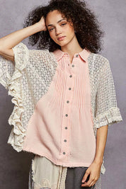 POL Button Down Front Pleated Shirt with Crochet Patch | Blouses Daverri Fashions