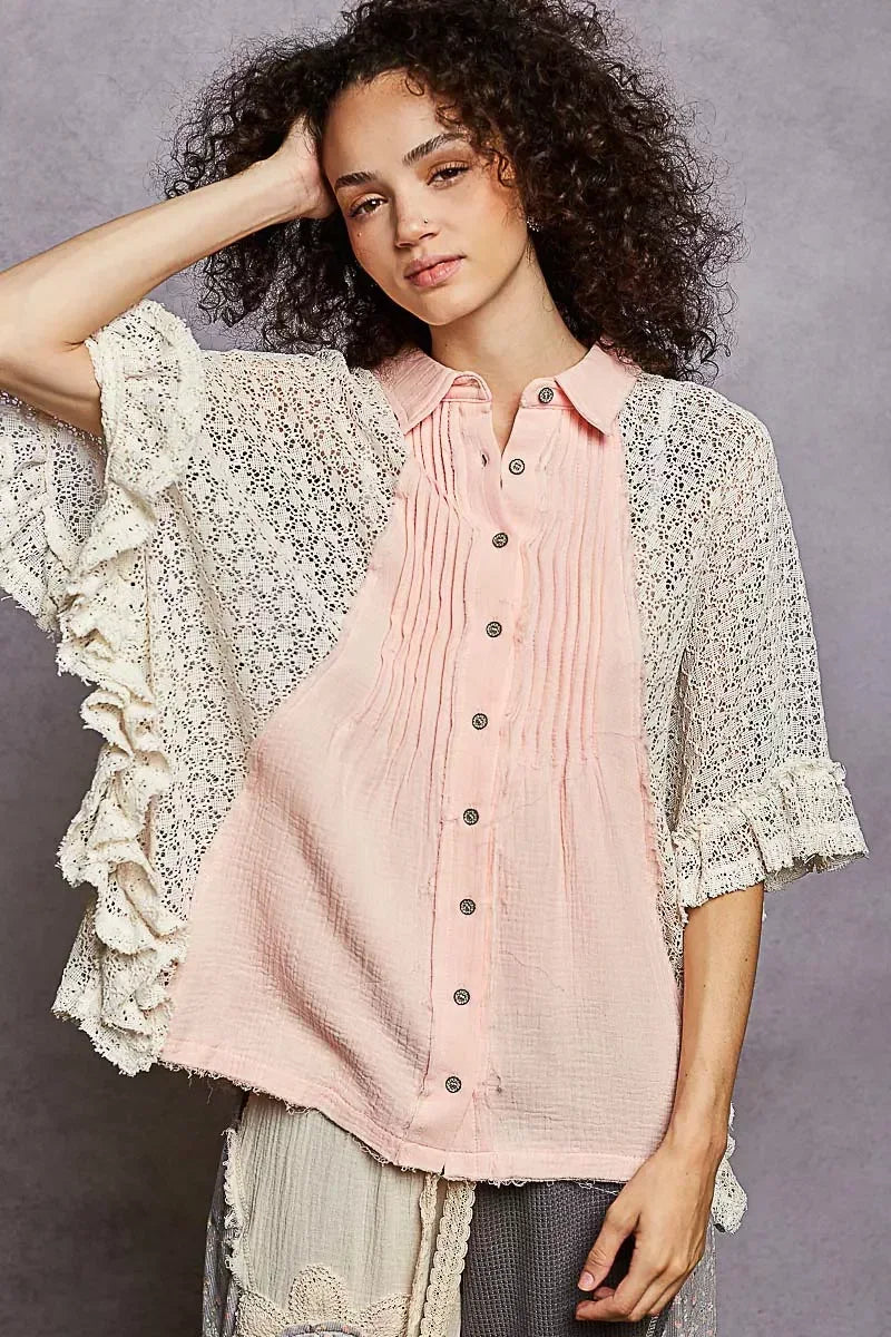 POL Button Down Front Pleated Shirt with Crochet Patch - DAVERRI FASHIONS