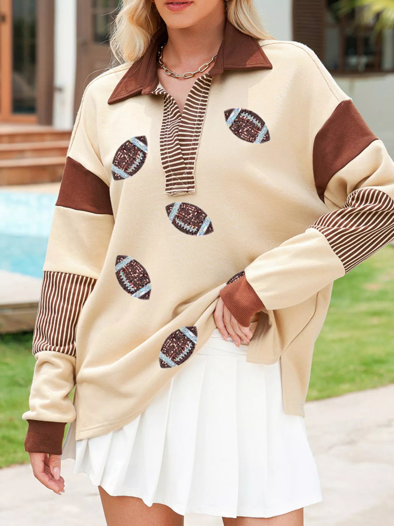 Color Block Striped Patchwork Sequin Rugby Graphic Polo Sweatshirt | Sweatshirts Daverri Fashions