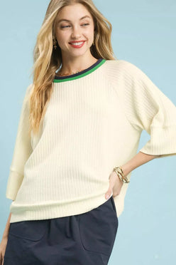 Umgee Ribbed Knit Top with Contrast Trim - DAVERRI FASHIONS