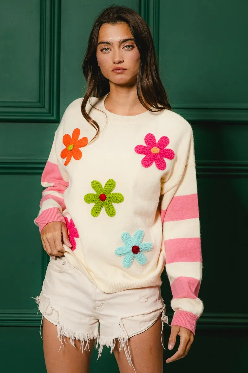 BiBi Colorful Floral Patched Sweater with Striped Sleeve | Sweaters Daverri Fashions