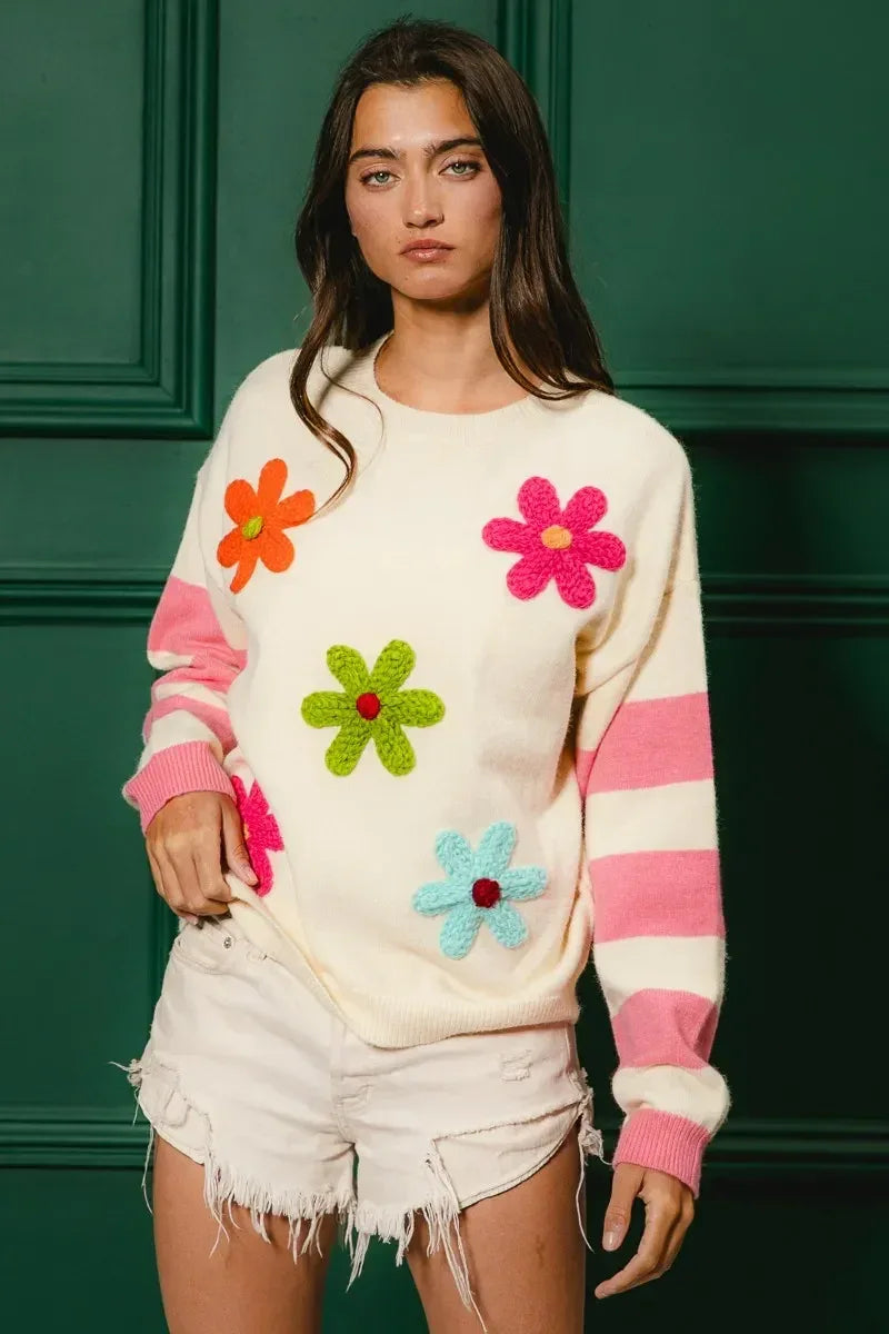 BiBi Colorful Floral Patched Sweater with Striped Sleeve - DAVERRI FASHIONS