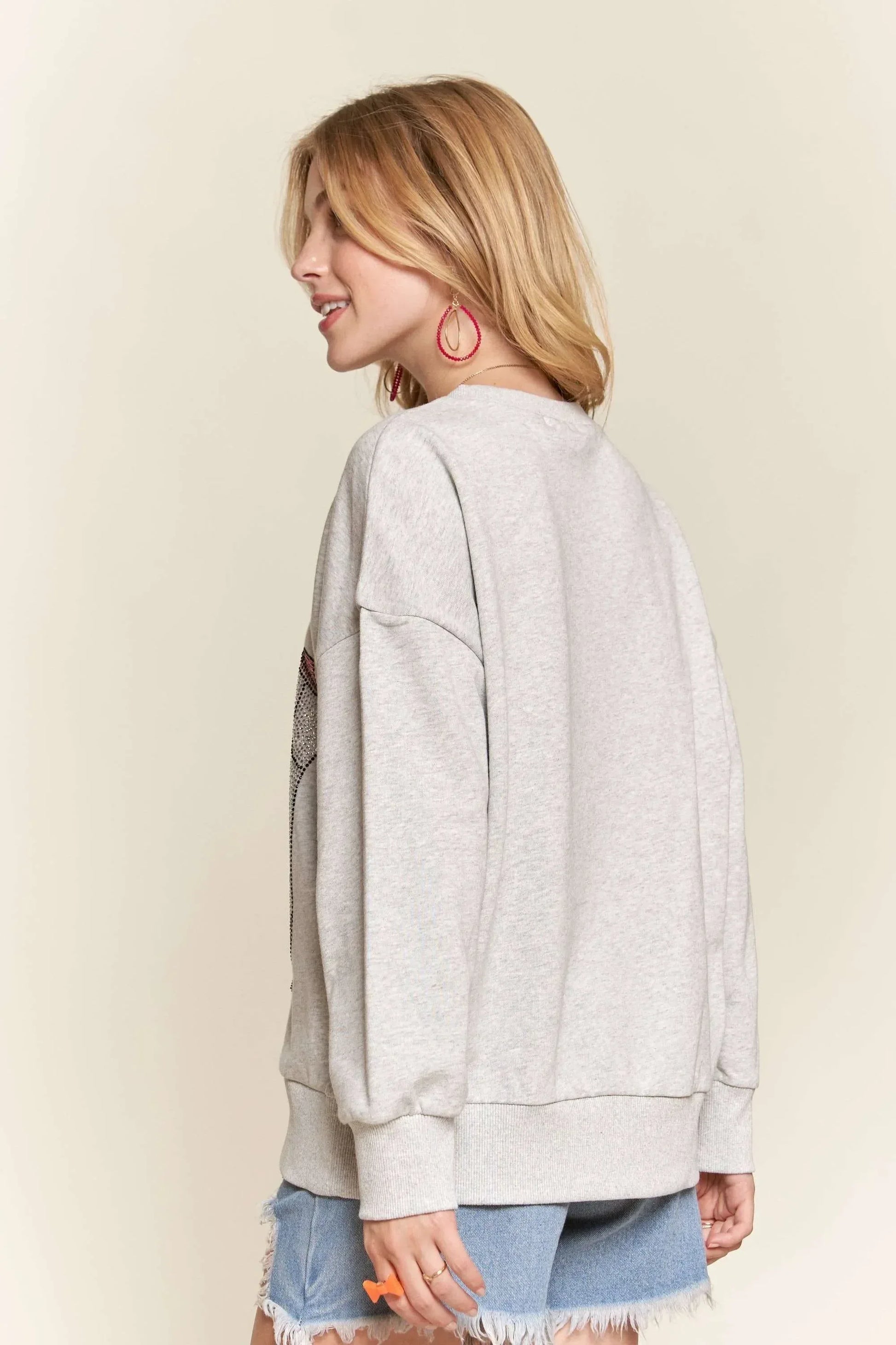 ADORA Rhinestone Accent Casual Sweatshirt - DAVERRI FASHIONS