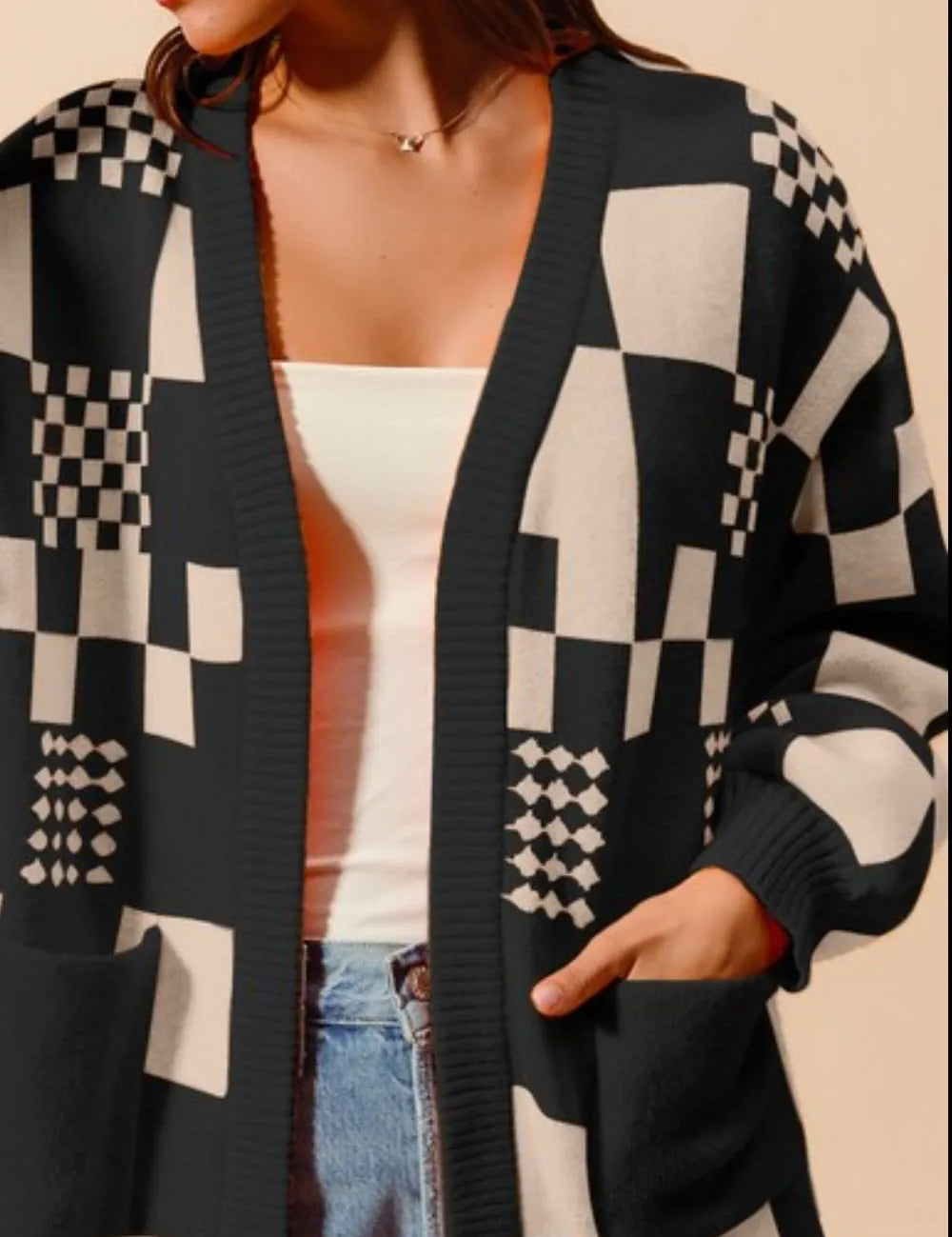 SO ME Checkered Open Front Cardigan with Pockets | Cardigans Daverri Fashions