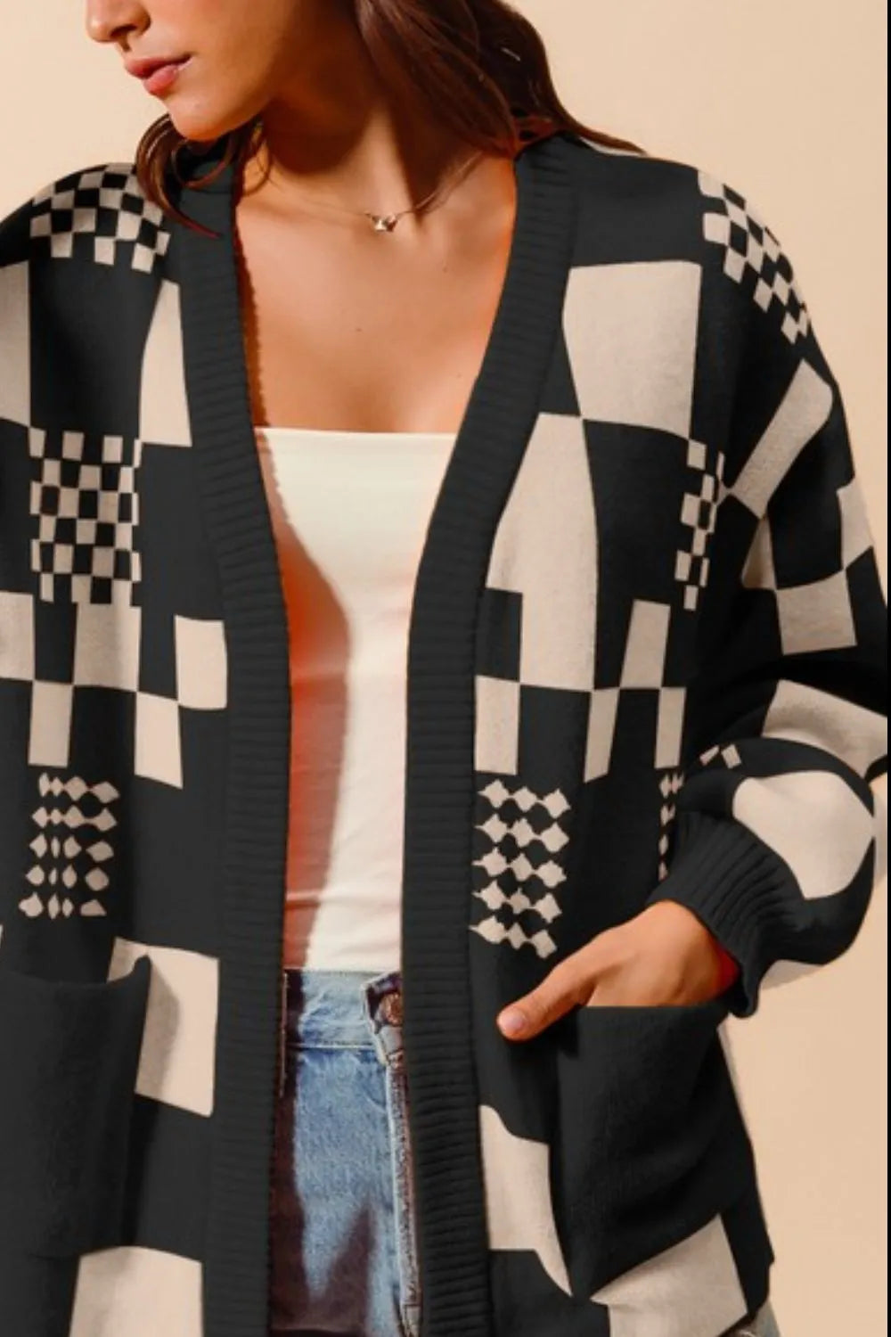 SO ME Checkered Open Front Cardigan with Pockets Cardigans