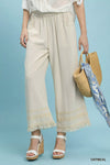 Oatmeal Umgee lace trim linen blend fringe hem wide leg pants