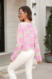 Angel Wings Round Neck Flower Pattern Dropped Shoulder Pullover Sweater | Sweaters Daverri Fashions