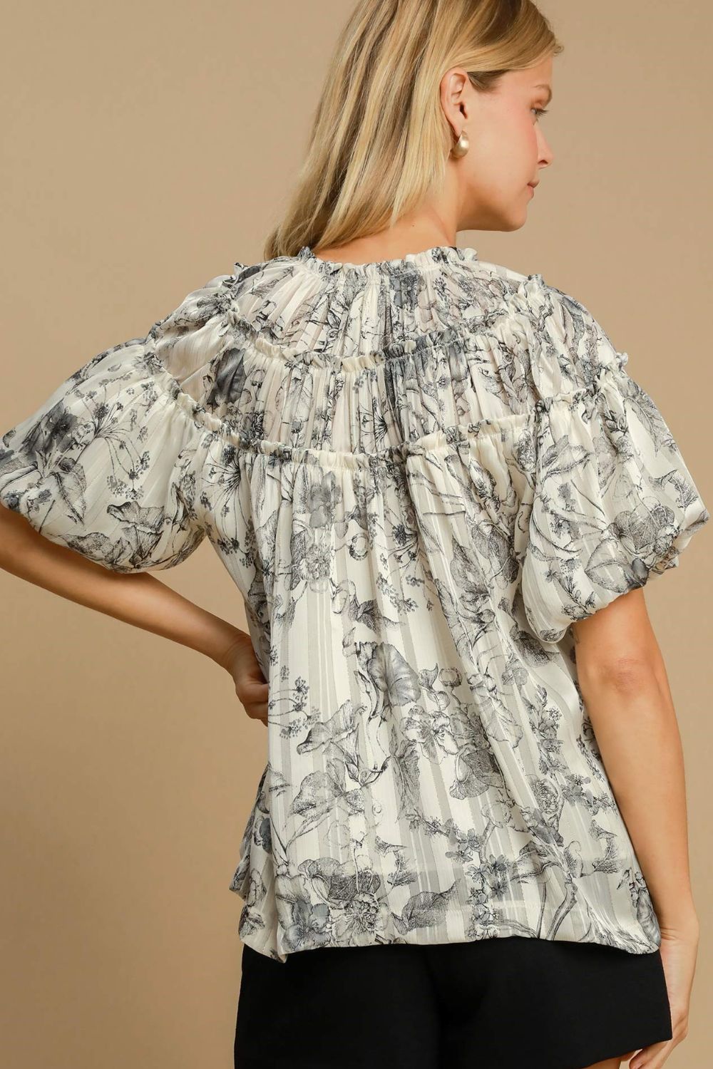 Umgee Full Size Floral Print Metallic Ruffle Blouse Plus Size Blouses