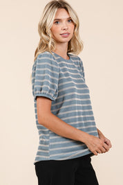 Mittoshop Contrast Striped Short Puff Sleeve Knit Top Tops