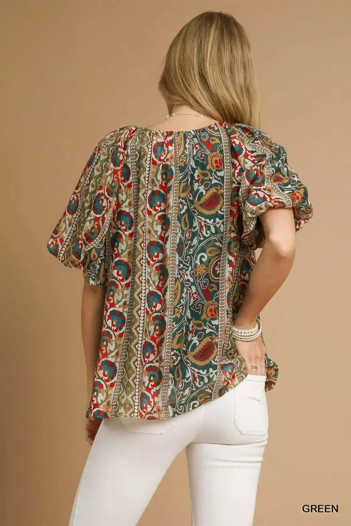 Umgee Boho Floral Stripe Puff Sleeve Blouse - DAVERRI FASHIONS