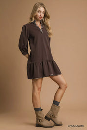 Umgee French Terry Ruffle Hem Dress with Plaid Trim | Mini Dresses Daverri Fashions