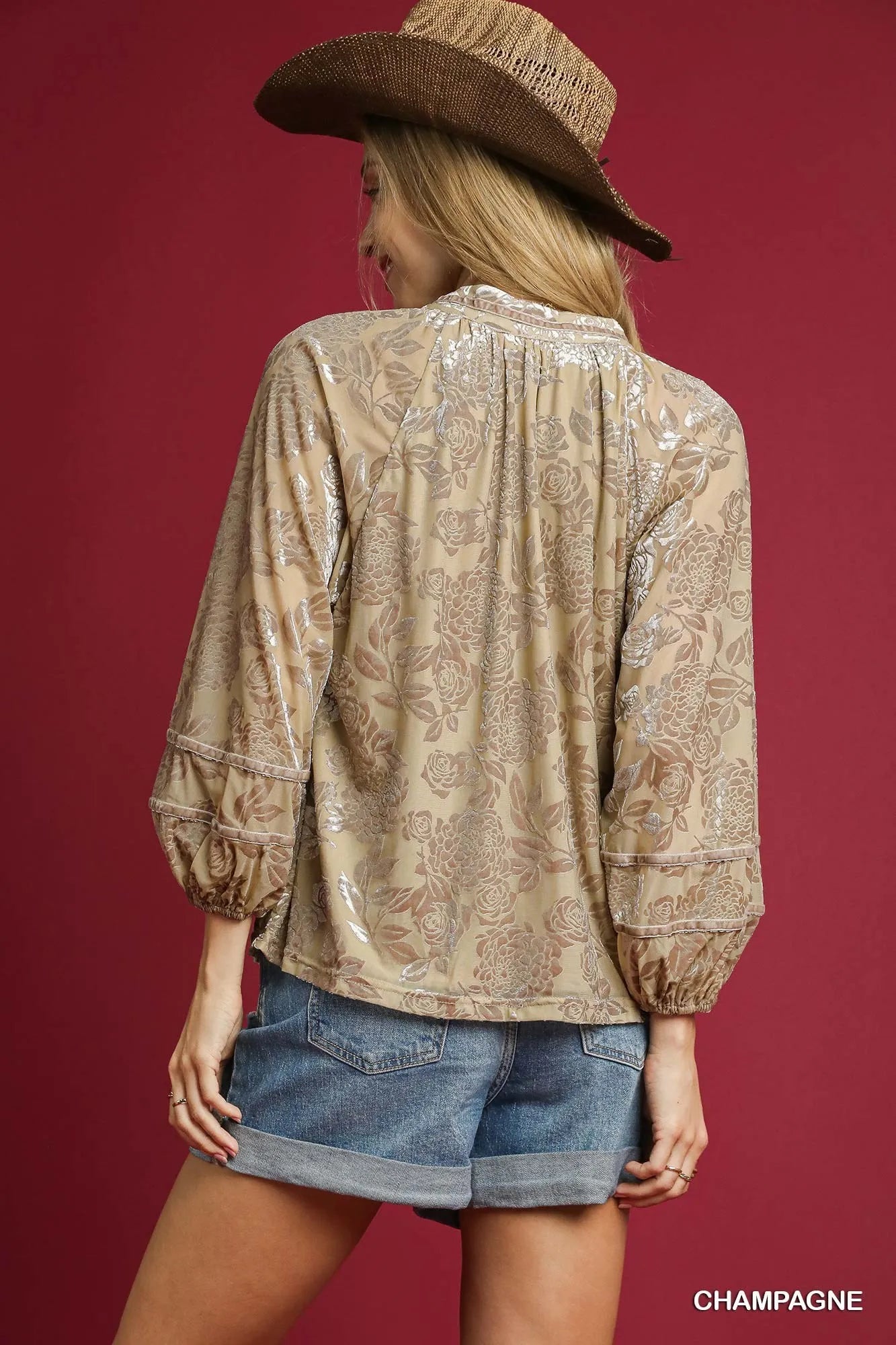 Umgee Floral Velvet Blouse with Balloon Sleeves | Blouses Daverri Fashions