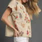 Umgee embroidered scallop sleeve top in beige with floral embroidery